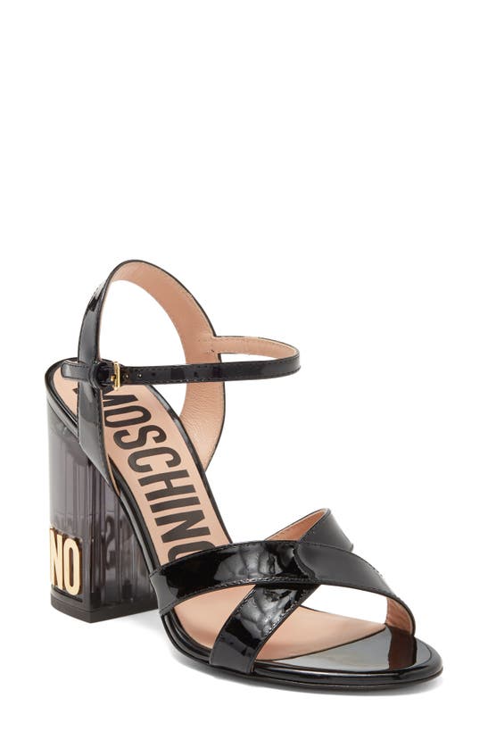 Shop Moschino Patent Leather Block Heel Sandal In Black