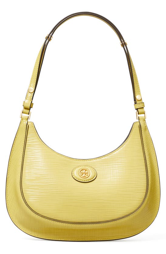 Shop Tory Burch Robinson Crosshatched Leather Convertible Crescent Bag In Pale Butter