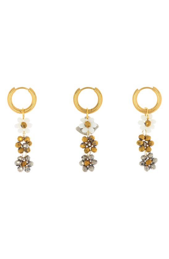 Ayounik Set Of 3 Beaded Floral Drop Huggie Hoop Earrings In Multi
