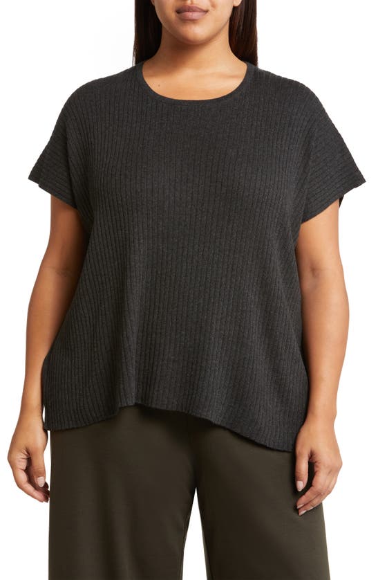 Eileen Fisher Slubby Organic Cotton Jersey Boxy Crewneck Top In Charcoal