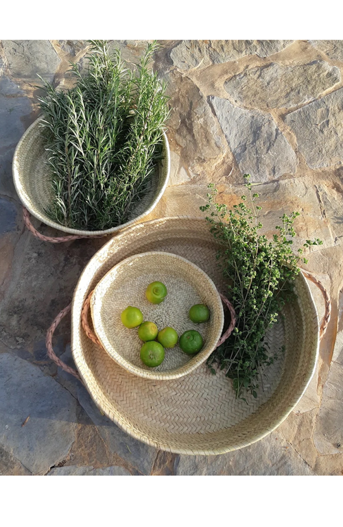 Alcantara-frederic Alcantara Frederic Handwoven Palm Tray With Leather Handles In Natural