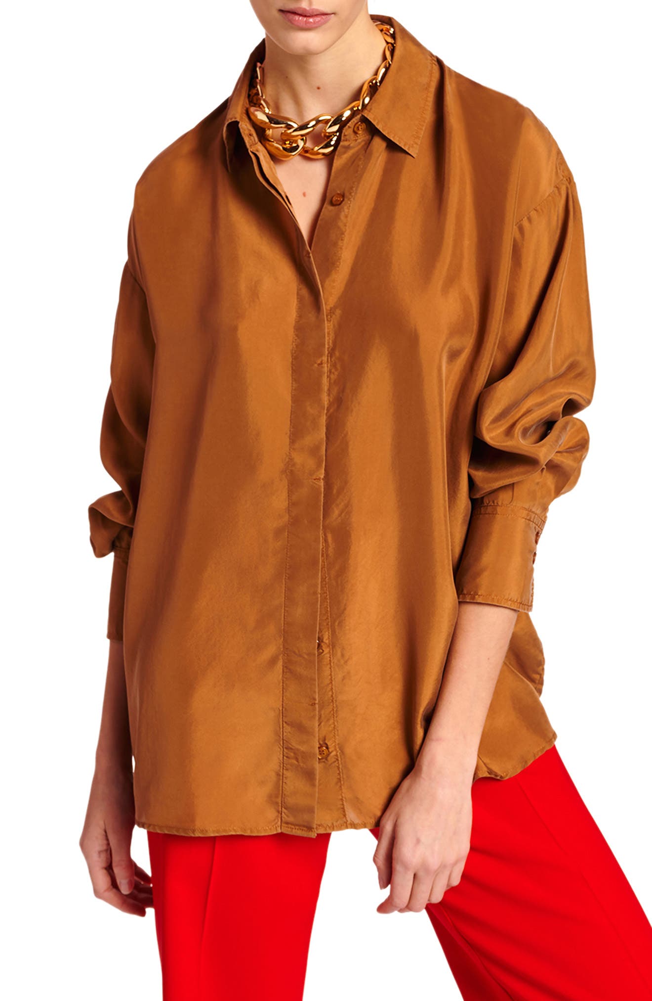 brown silk button up