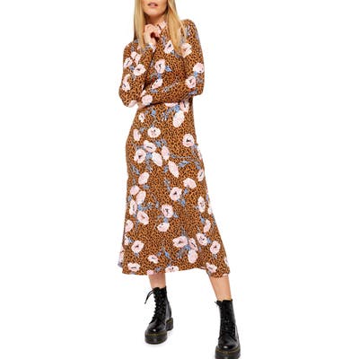 Free People Retro Romance Mixed Print Long Sleeve Dress, Brown