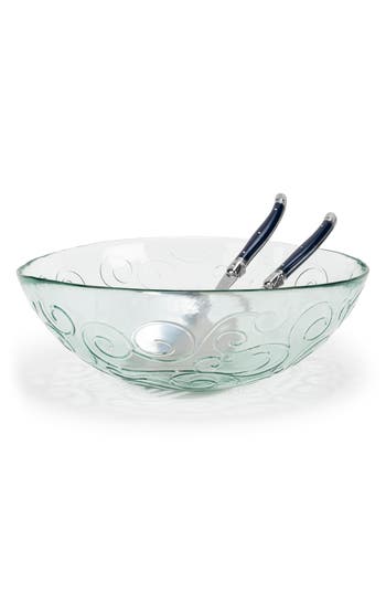 French Home Celebration Salad Bowl And Servers Set In Clear And Navy