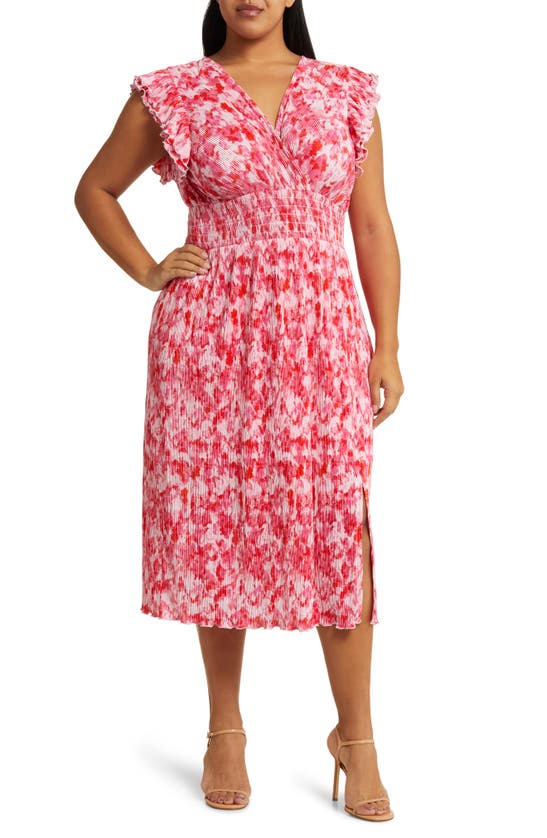 Shop Chelsea28 Flutter Plissé Midi Dress In Pink- Red Artful Petals