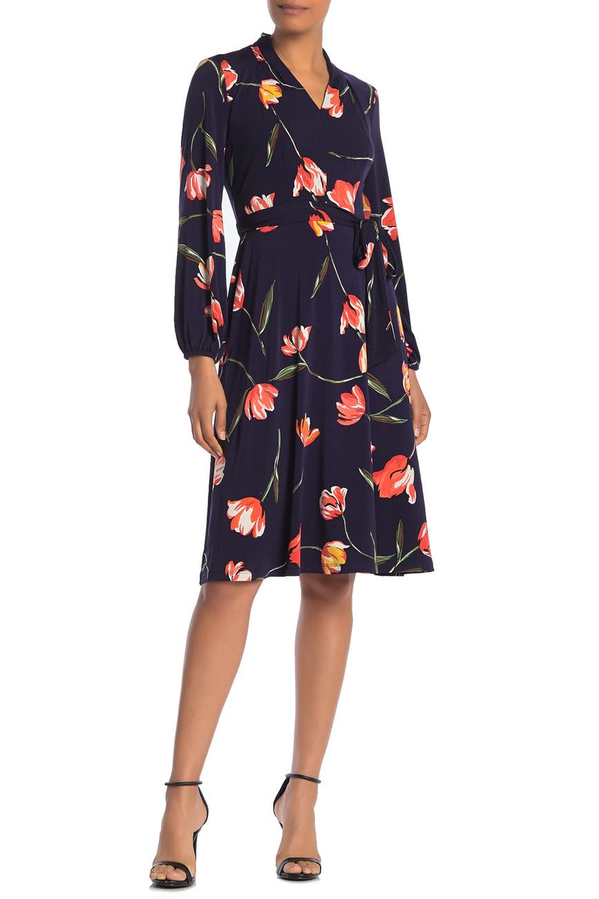 London Times Floral Waist Tie Midi Dress Nordstrom Rack 4046