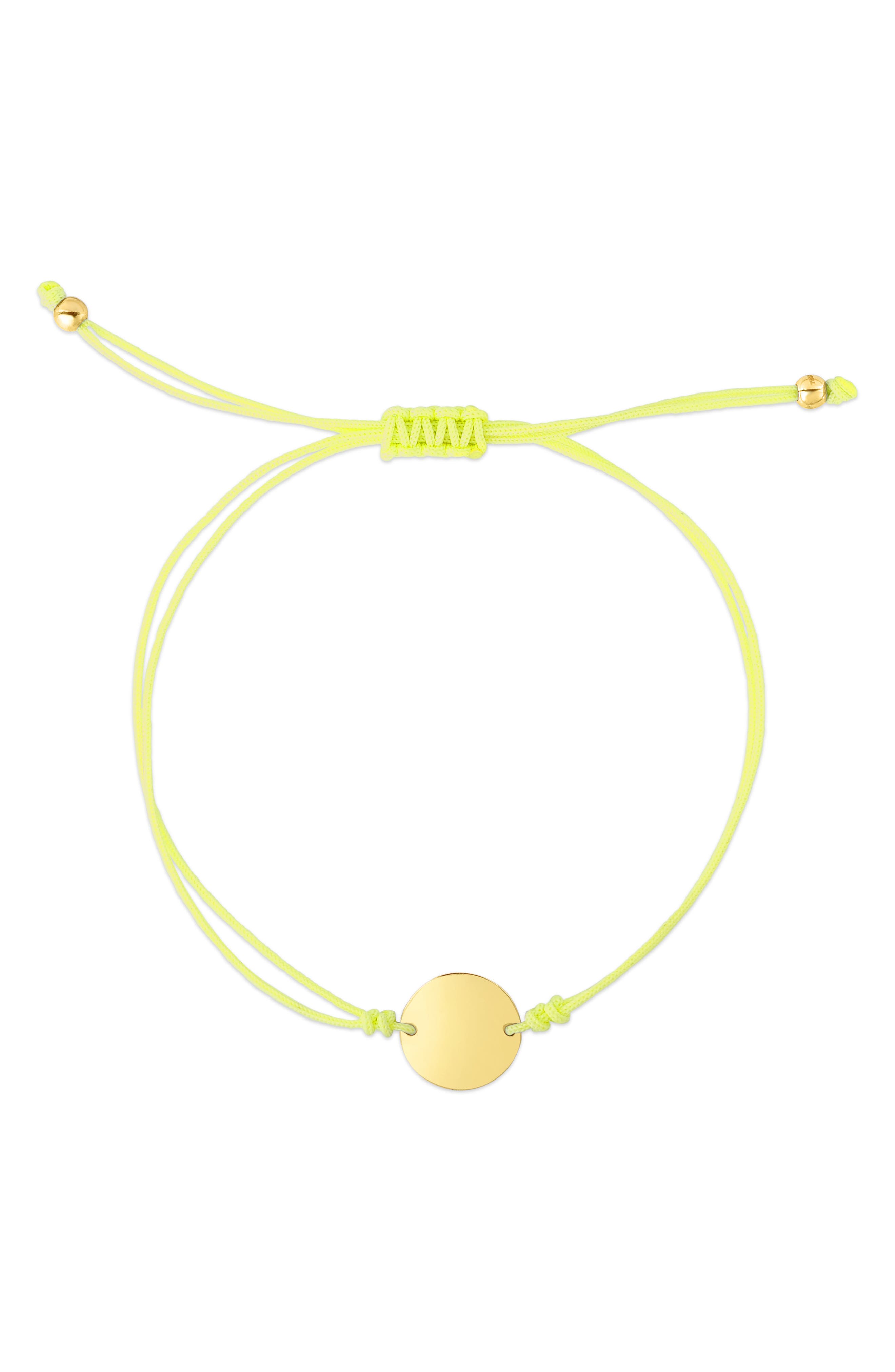 Karat Rush 14k Yellow Gold Round Disc Bracelet In Gold And Neon Green Cord