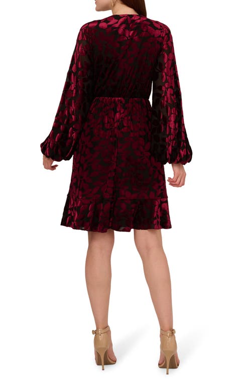 Shop Adrianna Papell Long Sleeve Velvet Burnout Dress In Burgundy/black