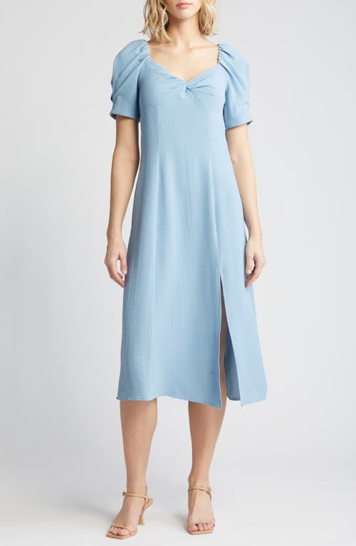 Twist Neck Crepe Midi Dress in Dusty Blue