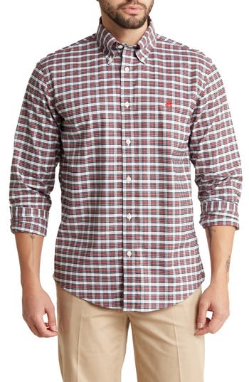 Brooks Brothers Regular Fit Tartan Non-iron Oxford Button-down Shirt In White/red Tartan
