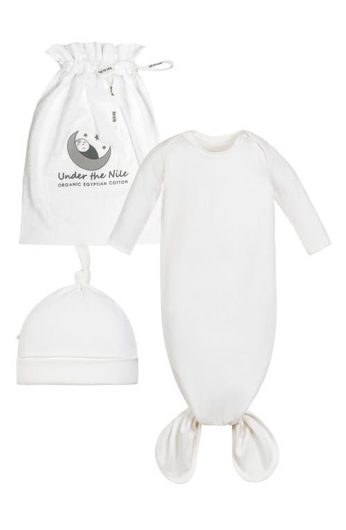 Under the Nile Drop Needle Knit Organic Cotton Knotted Gown & Cap Set in White at Nordstrom
