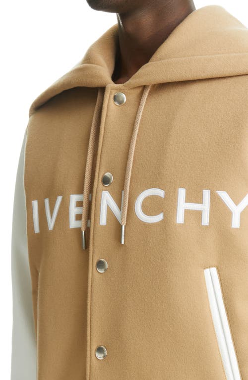 Shop Givenchy Mixed Media Logo Wool Blend Varsity Jacket In White/beige