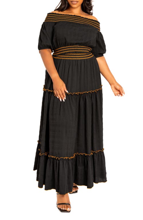 Buxom Couture Smocked Off The Shoulder Puff Sleeve Top & Maxi Skirt Set In Black