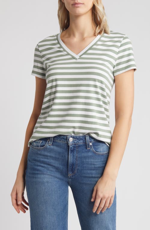 Shop Caslonr Caslon(r) Stretch Cotton Blend V-neck T-shirt In Green Dune- White Charm Stripe