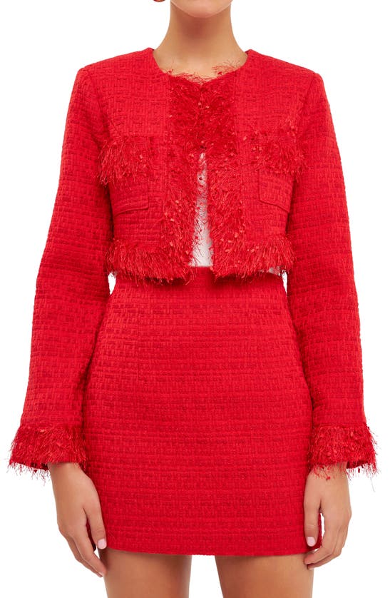 Shop Endless Rose Feather Trim Tweed Crop Blazer In Red