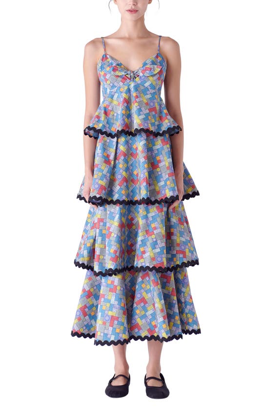 Shop English Factory Grid Print Tiered Maxi Dress In Blue Multi