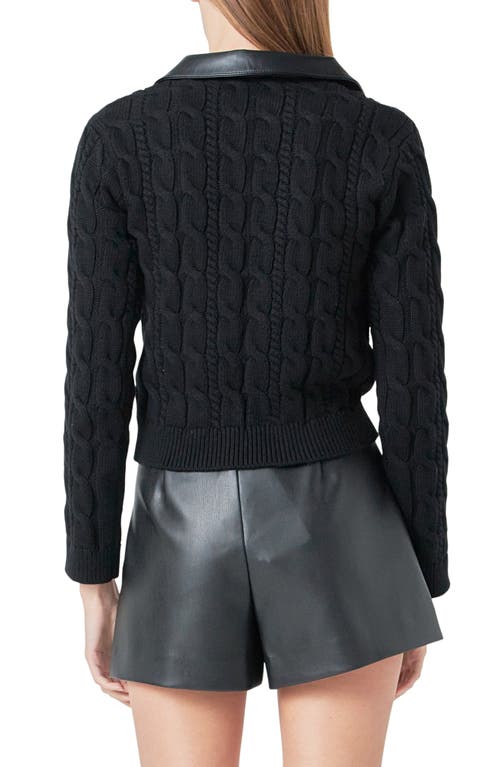 Shop Endless Rose Faux Leather Collar Cable Sweater In Black