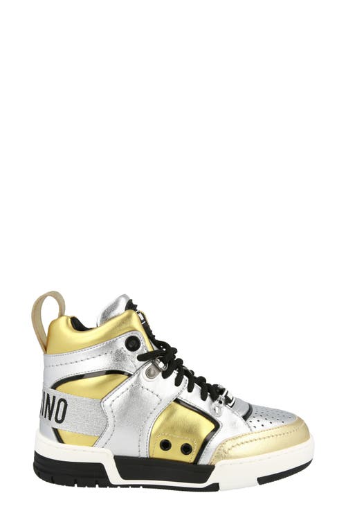 Moschino Streetball Asymmetrical High-top Sneakers In Silver/gold Multi