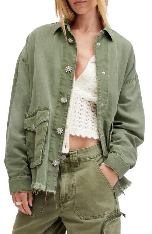 Shop Allsaints Hettie Raw Hem Denim Shacket In Vintage Khaki