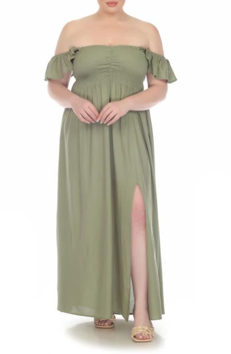 Off the Shoulder Flutter Sleeve Smocked Maxi Dress (Plus Size)