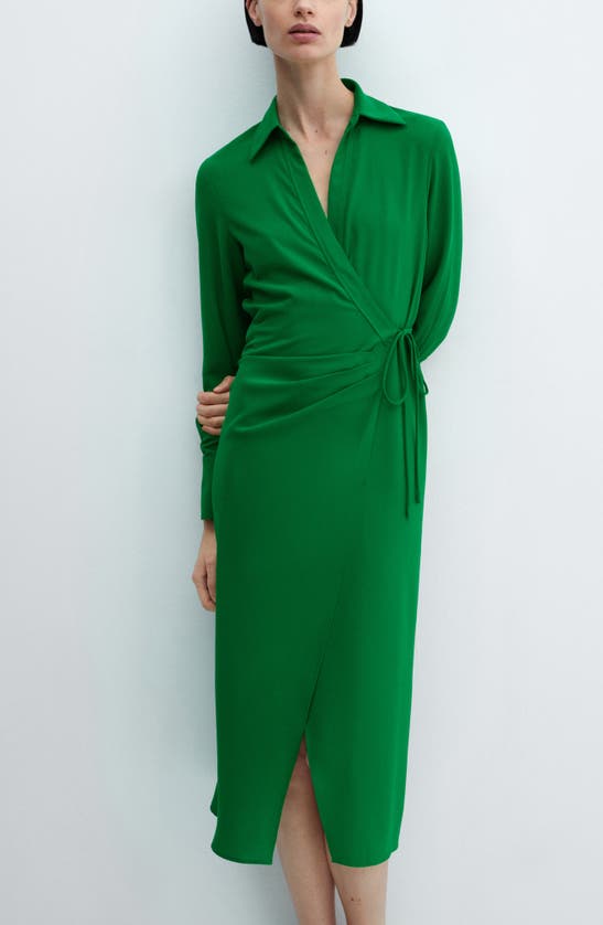 Shop Mango Collared Midi Wrap Dress In Green