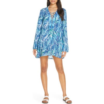 La Blanca Sketched Leaves Long Sleeve Tunic Cover-Up, Blue