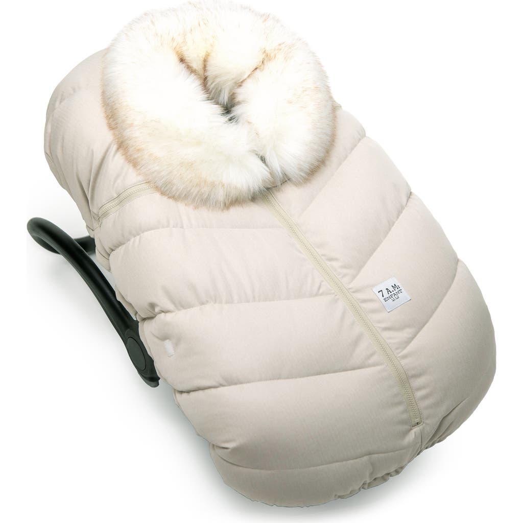 7 A.M. Enfant Water Repellent Faux Fur Trim Car Seat Cocoon in Beige Heather White Fur