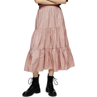 Topshop Tiered Taffeta Midi Skirt, US - Pink