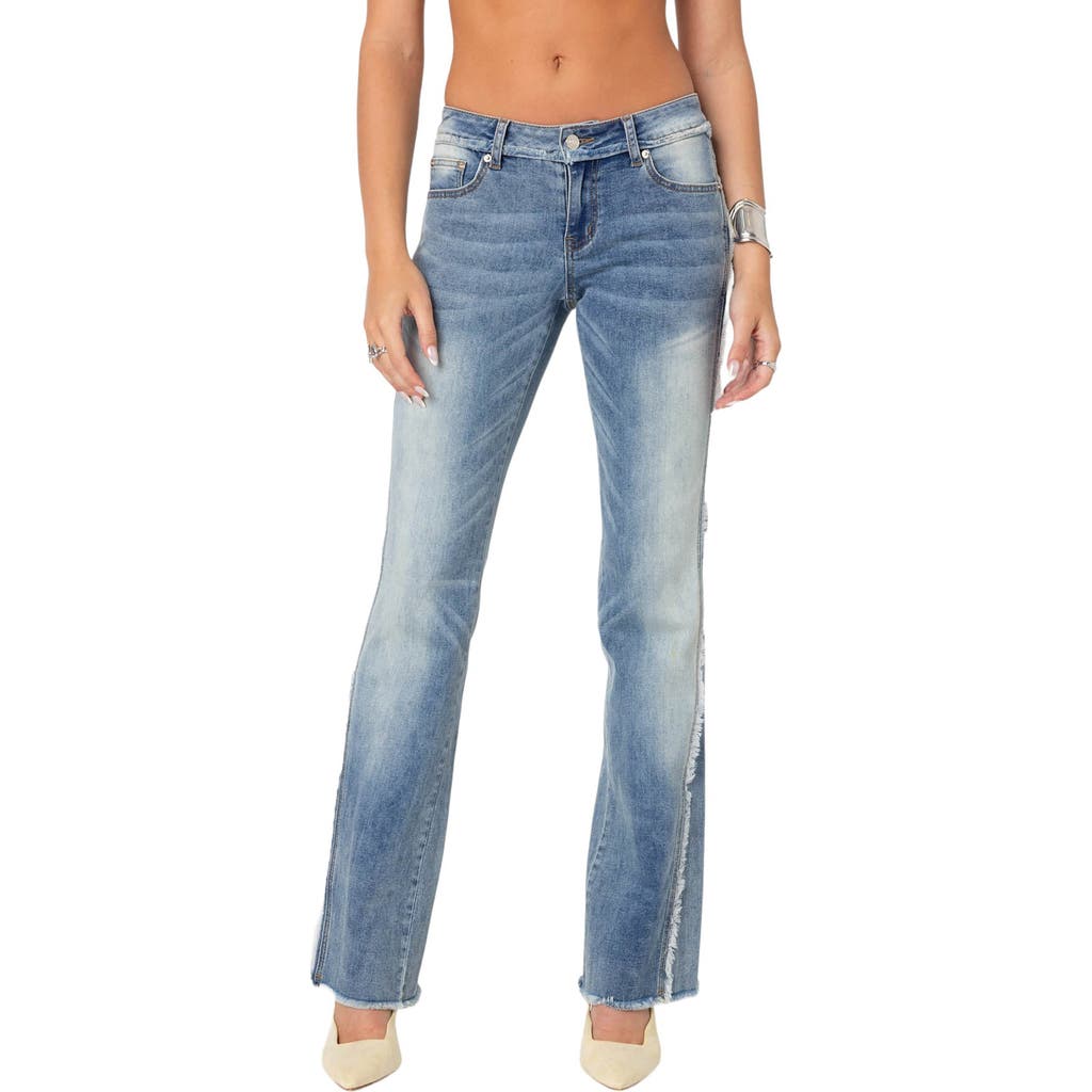 Edikted Distressed Frayed Low Rise Flare Jeans In Blue-washed