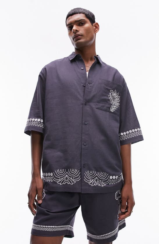 Shop Topman Embroidered Cotton & Linen Button-up Shirt In Mid Blue