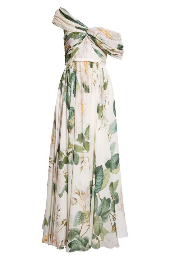 Shop Giambattista Valli Floral Draped One-shoulder Silk Gown In Ivory/ Green
