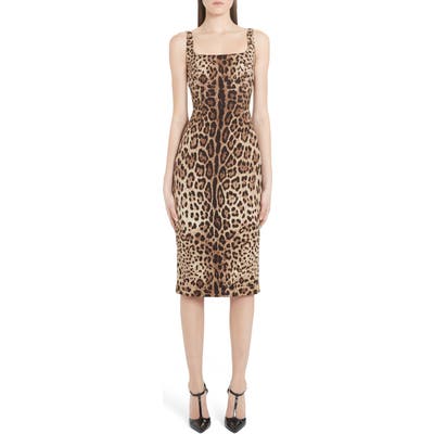 Dolce & gabbana Leopard Print Stretch Silk Midi Sheath Dress, 8 IT - Brown