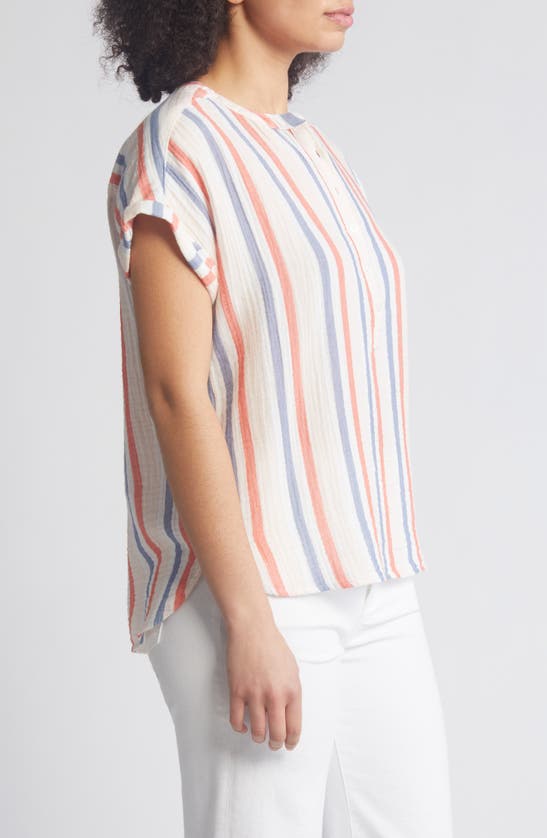 Caslon Stripe Cotton Gauze Henley In Pink Beach- Red Napa Stripe