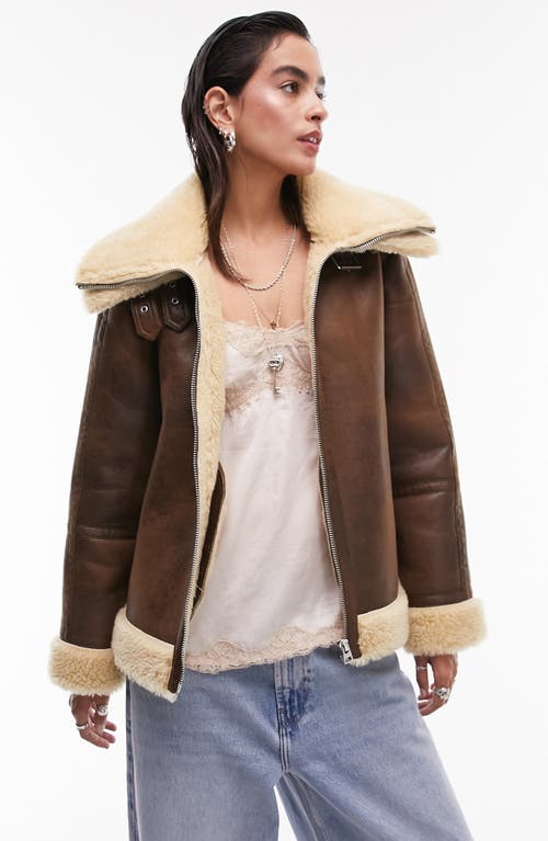 Faux Leather Aviator Jacket with Faux Fur Trim in Tan