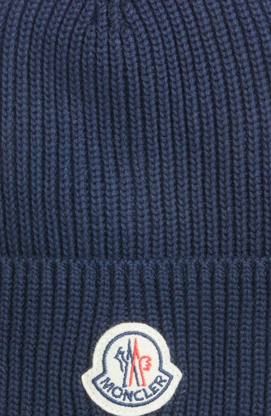 Shop Moncler Logo Patch Cotton Rib Beanie In Navy