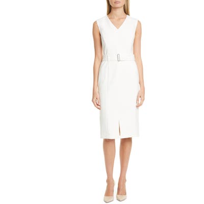 Boss Dadorina Belted Sleeveless Virgin Wool Sheath Dress, Ivory