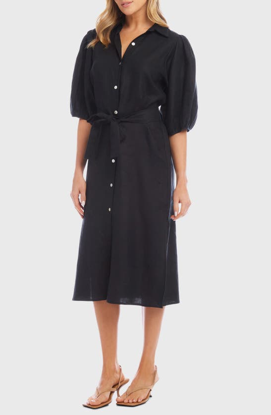 Karen Kane Puff Sleeve Linen Midi Shirtdress In Black