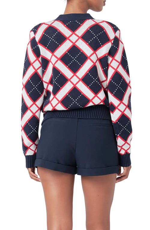 Shop Endless Rose Diamond Pattern V-neck Cardigan In Navy Multi