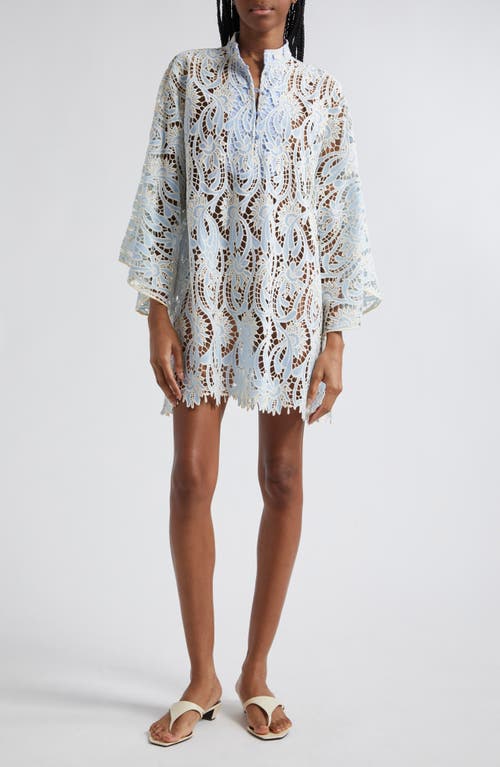 Honeysuckle Floral Lace Cover-Up Mini Caftan in Pale Blue