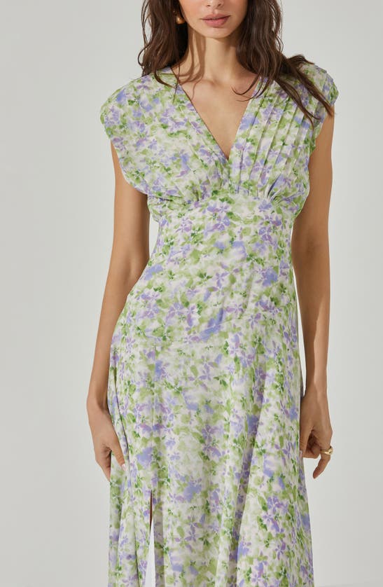 Shop Astr Floral Pleated Bodice Midi Dress In Green Lavender Floral