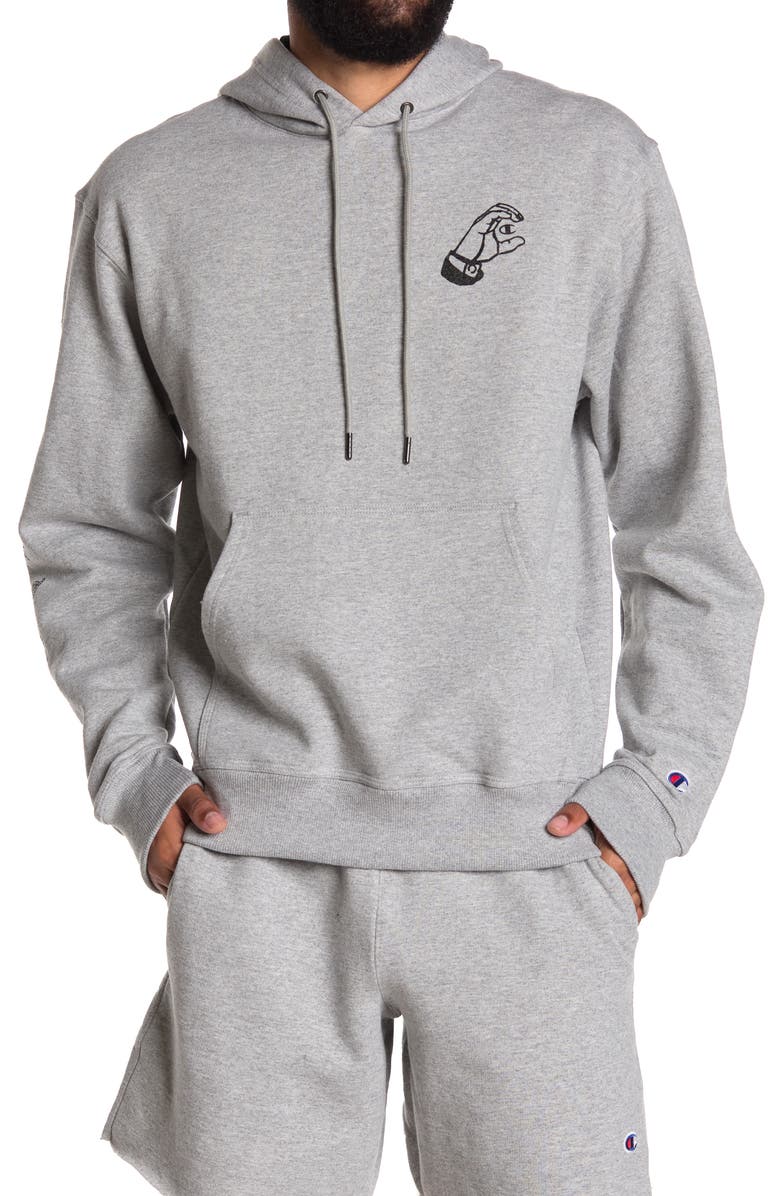 CHAMPION Powerblend Graphic Logo Pullover Hoodie, Main, color, OXFORD GRAY