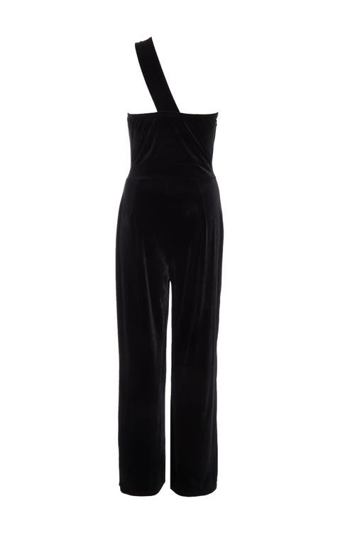 Quiz Velvet Jumpsuit With Embellished Buckle In Black