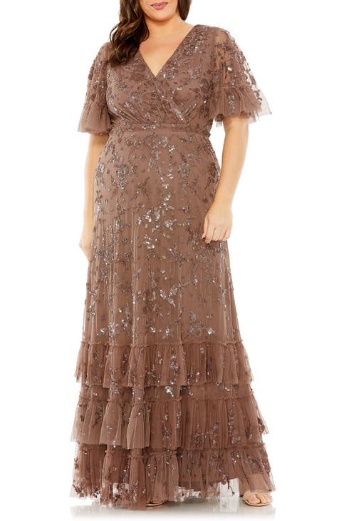 Sequin Floral Flutter Sleeve Gown (Plus Size)