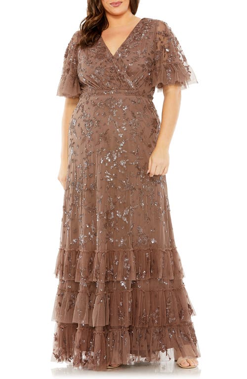 Sequin Floral Flutter Sleeve Gown in Chocolate