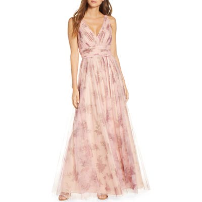 Marchesa Notte V-Neck Floral Tulle Bridesmaid Gown, Pink