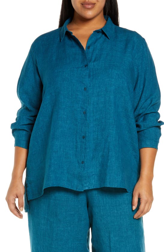 Eileen Fisher Classic Collar Organic Linen Boxy Shirt In Reef