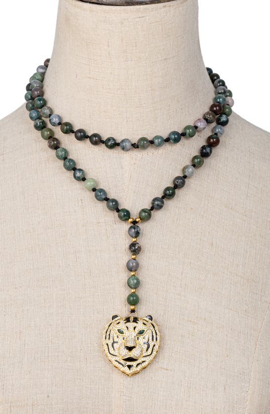 Shop Eye Candy Los Angeles Agate Bead Tiger Pavé Pendant Necklace In Green