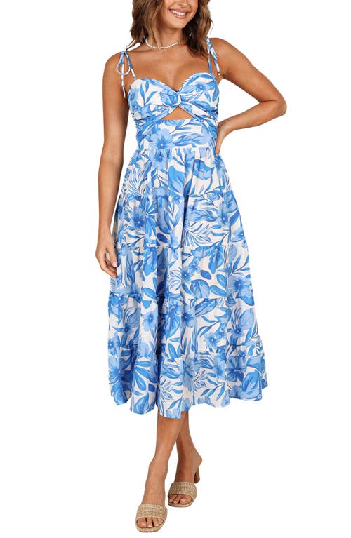 Petal & Pup Rose Floral Tie Strap Tiered Midi Dress Blue/White at Nordstrom,