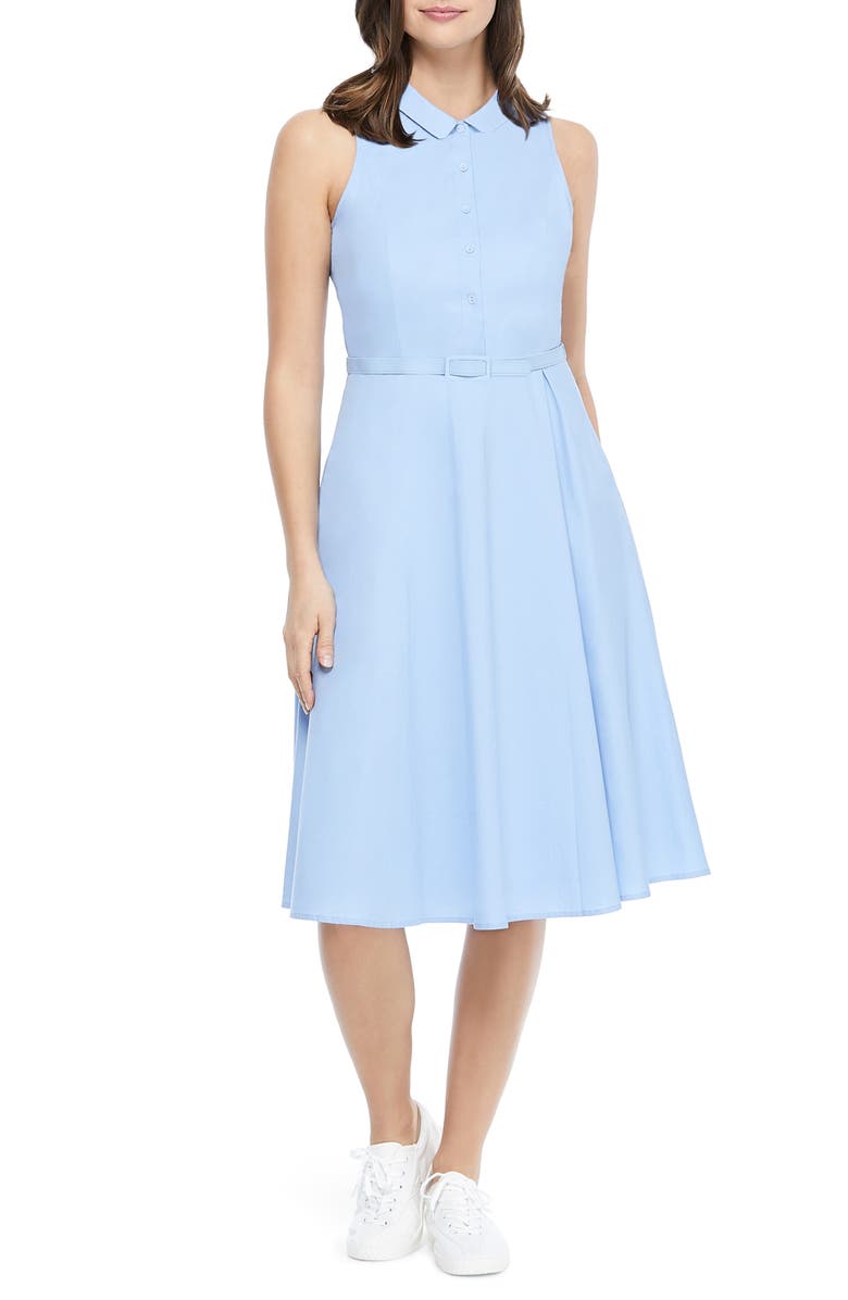 GAL MEETS GLAM COLLECTION Rose Sleeveless Stretch Cotton Poplin Shirtdress, Main, color, SKY