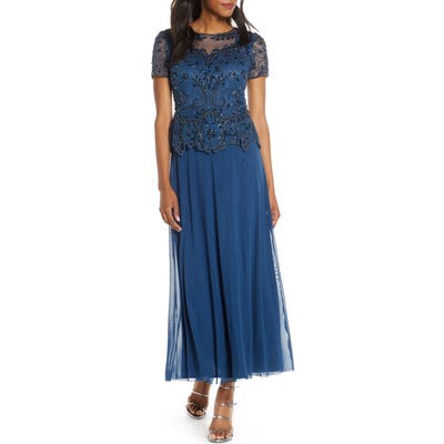 Petite Pisarro Nights Embellished Mesh Bodice Evening Dress, Blue